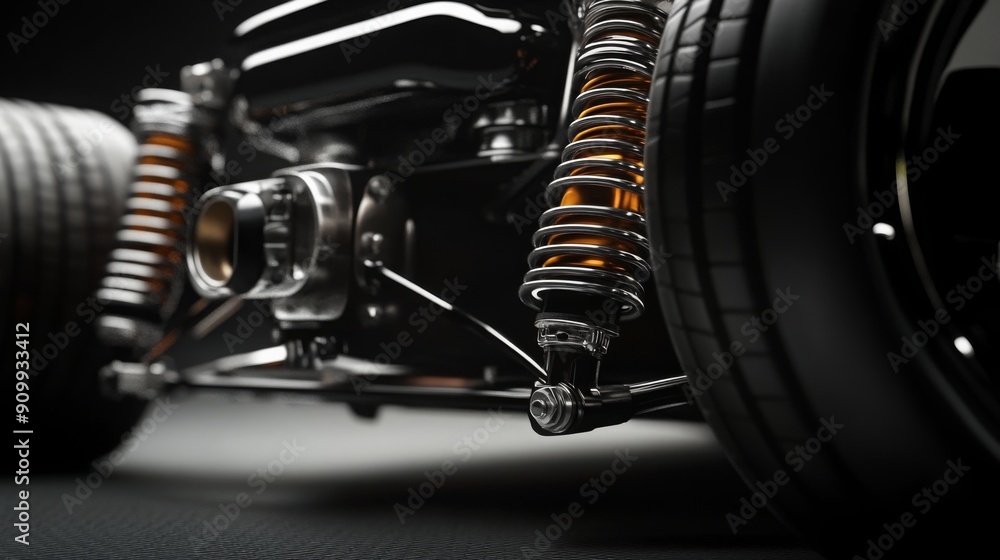 Poster a close-up view showcases the intricacies of the suspension system and tire of a modified race car, 