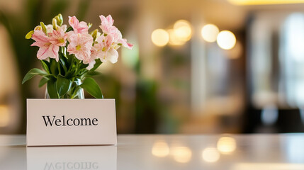 hotel welcome concept with bouquet of flower and Welcome note on modern luxury hotel reception welcoming international guest check-in 