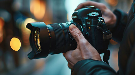 Close-up of a photographer's hands adjusting a camera lens, capturing the detailed reflections and focus