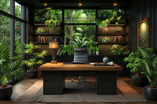 Modern Home Office with Lush Greenery and Black Accents