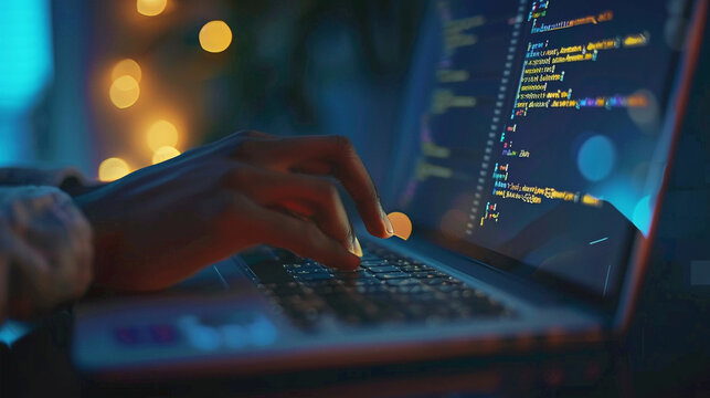 Close-up of a programmer's hands coding on a laptop, with detailed screen reflections and keyboard textures