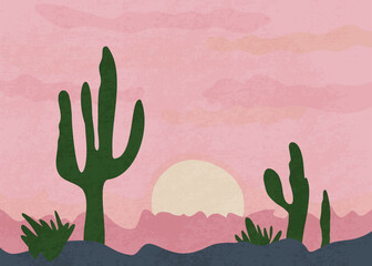 Bright texture with pink desert and green cacti hand drawn in pastel colors. Natural background with desert plants. Vector in simple flat style with cactus in desert.