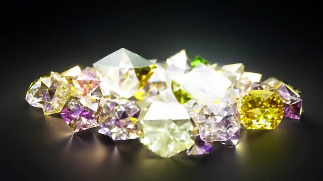 A collection of colorful gemstones floats on a black surface and turns into a beautiful jewel