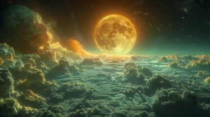 Majestic Full Moon Illuminating Colorful Clouds Over Serene Horizon at Dusk