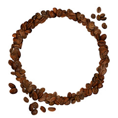 Many whole coffee beans laid out in thin round frame isolated on transparent background. Grains PNG. Image for advertising concept layout, cosmetics, liquor packaging. Center copyspace banner template