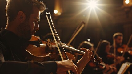 Fototapeta premium A talented violinist plays passionately as part of an orchestra during a captivating evening performance in a grand concert hall filled with warm lighting