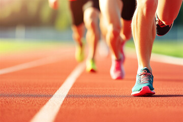 Fototapeta premium Athletes sprint on track in fierce race, showcasing speed, agility, energy, and power towards finish line. Vibrant red track captures determination and success in sports