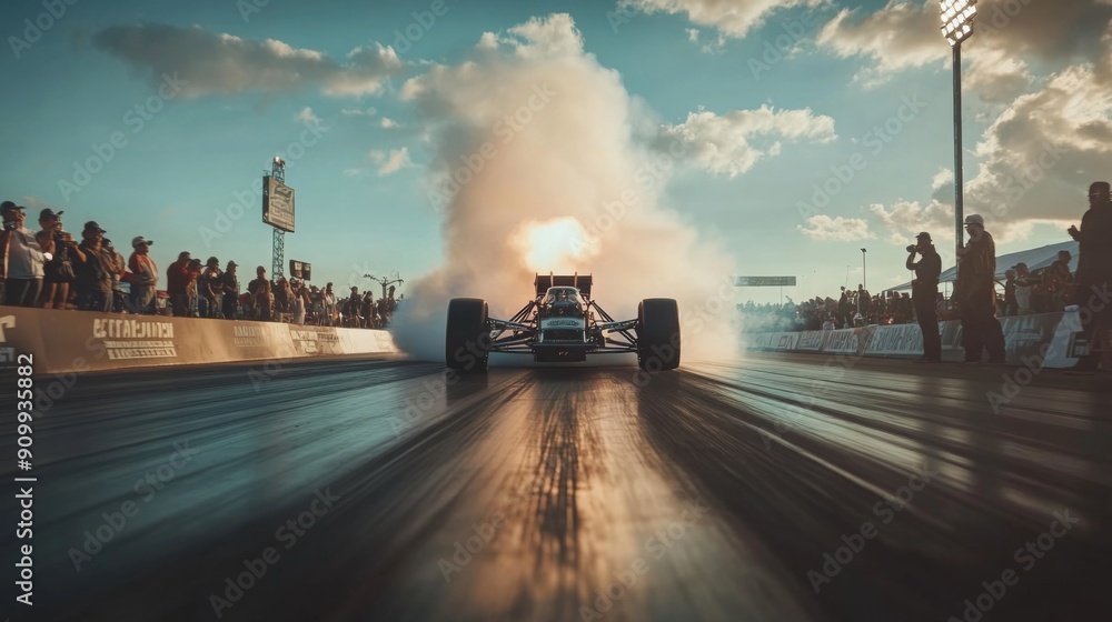 Poster A high-performance race car accelerates down the drag strip, surrounded by cheering spectators and dramatic smoke.