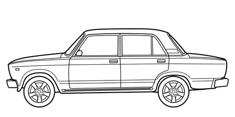 Classic family class sedan car. 4 door car on white background. Side view shot. Outline doodle vector illustration