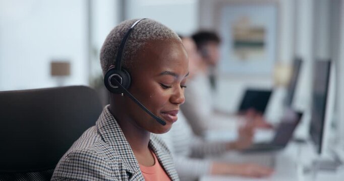 Call center, talking and black woman with headset in office for customer service, online advice or telemarketing. CRM, contact us and consultant in discussion for communication, assistance or support