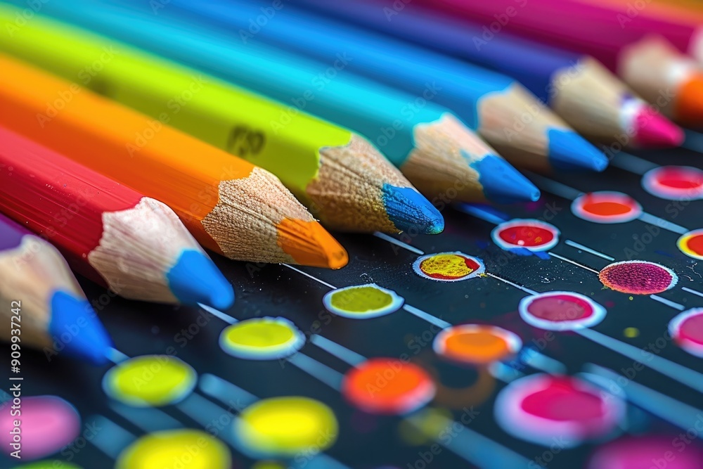 Poster colorful pencils arranged on a surface with circular color swatch marks