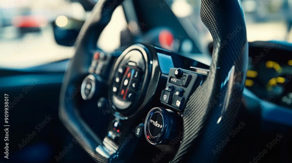 Aufkleber A close-up view of a race car steering wheel equipped with buttons and controls, showcasing a high-performance cockpit during an exhilarating track day.