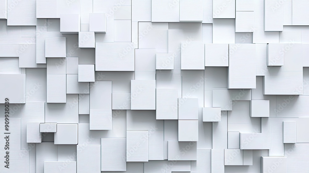 Poster geometric blocks of different sizes and shades, artistically arranged on a white background to creat