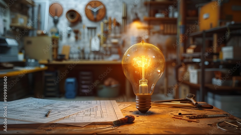 Aufkleber illuminating creativity a light bulb surrounded by tools and blueprints in a workshop setting
