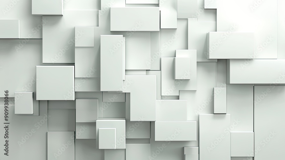Poster geometric blocks of different sizes and shades, artistically arranged on a white background to creat
