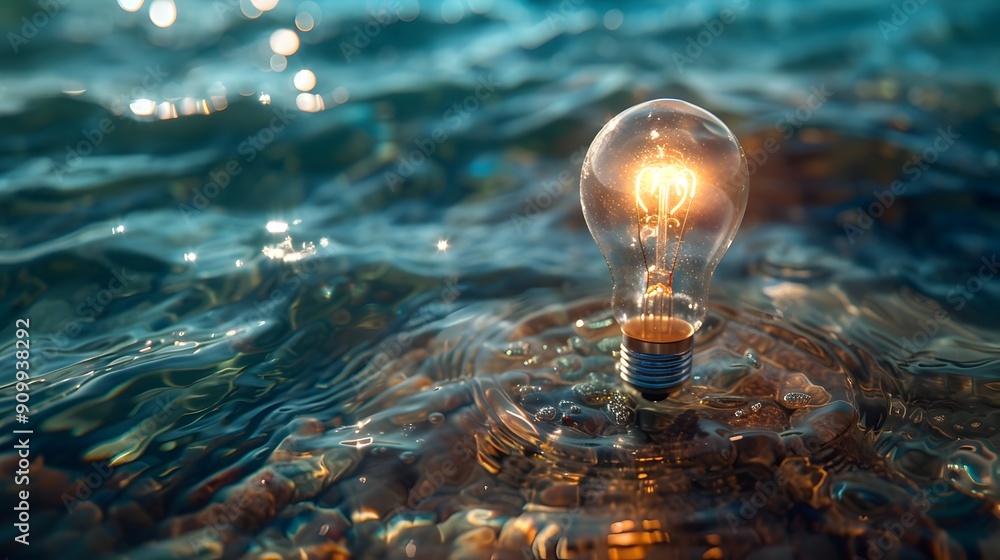 Poster submerged light bulb in pristine ocean symbolizing profound thoughts and untapped potential