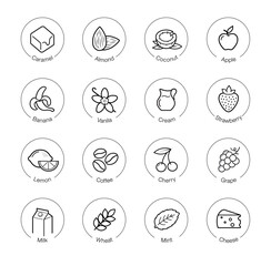 Taste, aroma, flavor set icons for food, drinks and sport nutrition. Vector elements. The outline icons are well scalable and editable. Contrasting elements are good for different backgrounds. EPS10.