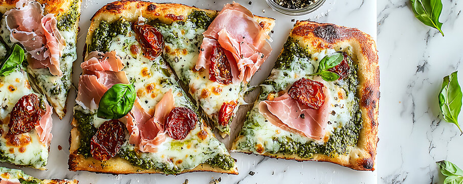 Bread pizza with melted cheese sundried tomatoes, and coppa di parma. on white marble background.