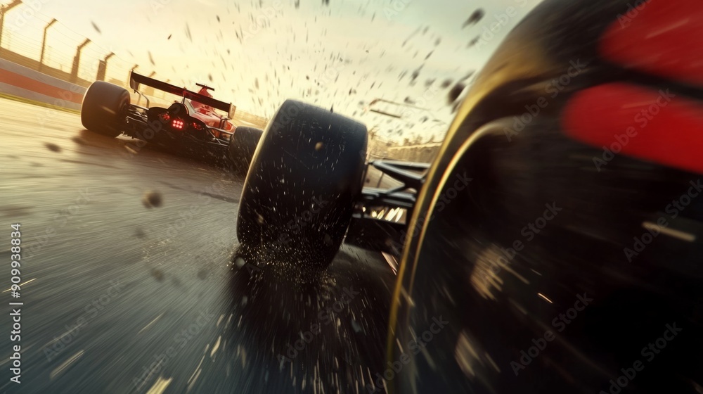 Poster two race cars speed down a wet racetrack, creating splashes of water as they maneuver through the tu