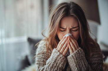 A woman with a cold or flu, with a handkerchief in her hands
