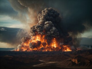 Planet destroyed by world war and climate change Fire burning