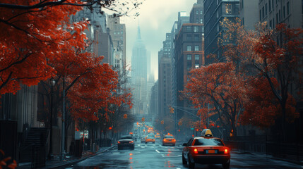 A busy city street with cars and a taxi driving down it