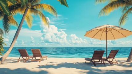 Fototapeta premium Tropical vacation scene with beach chairs, an umbrella, and palm trees lining the sandy shore, creating a relaxing ambiance
