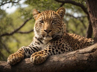 portrait of a leopard lying in tree in Kruger Park