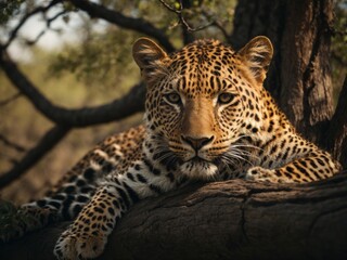 portrait of a leopard lying in tree in Kruger Park