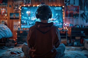 Obraz premium A teenager fully engaged in a video game, sitting on the floor in a dimly lit room decorated with fairy lights, wearing headphones and focused on the screen, with controllers nearby.