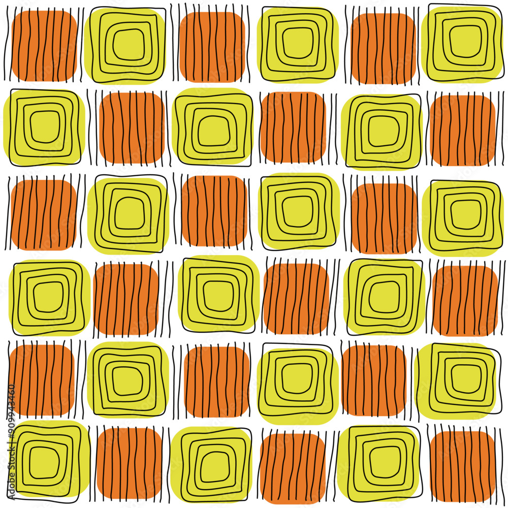 Leinwandbilder Yellow-orange checkerboard with lines and rings. Vector checkerboard and seamless pattern of alternating checkerboard tiles.