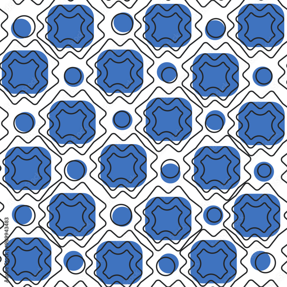 Poster Square tiles alternate with circles. Blue repeating pattern.