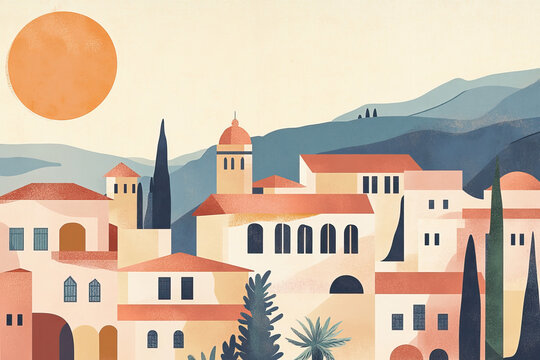 Risograph trendy riso print travel poster, card, wallpaper or banner illustration, modern, isolated, clear, simple of Mingachevir, Azerbaijan. Screen printing