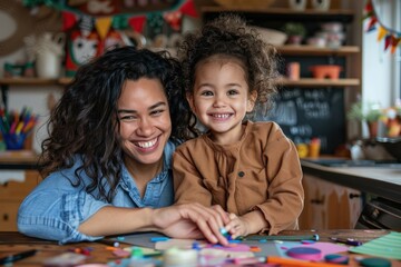 Fototapeta premium A mother and her child are pictured happily collaborating on an arts and crafts project in a vibrant and colorful home studio, sharing quality time together.