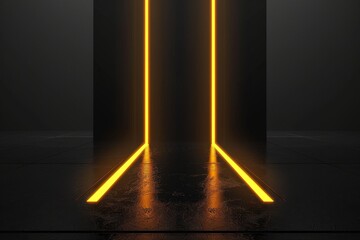 Minimalistic black room with bright yellow neon lights and a futuristic atmosphere