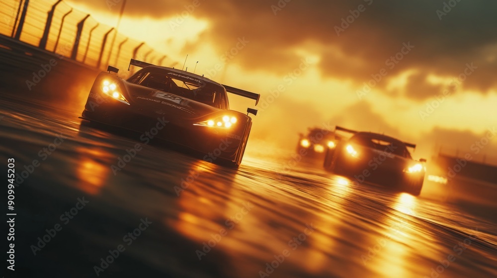 Poster two racing cars speed down a wet track under a vibrant sunset, showcasing dynamic motion and skillfu