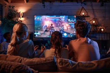 Fototapeta premium Three children are seated on a couch engrossed in playing a video game on a large screen in a dimly lit room, depicting modern entertainment and companionship.
