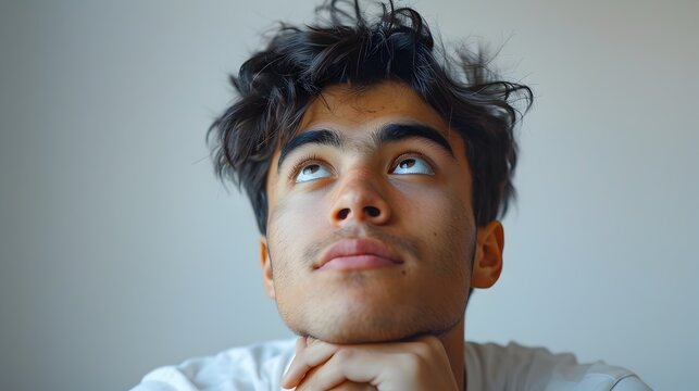 Thoughtful young man with deep ponder expression lost in his own contemplation and imagination