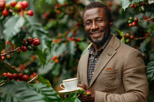 mature man drinking a cup of coffee at a coffee plantation. international coffee day
