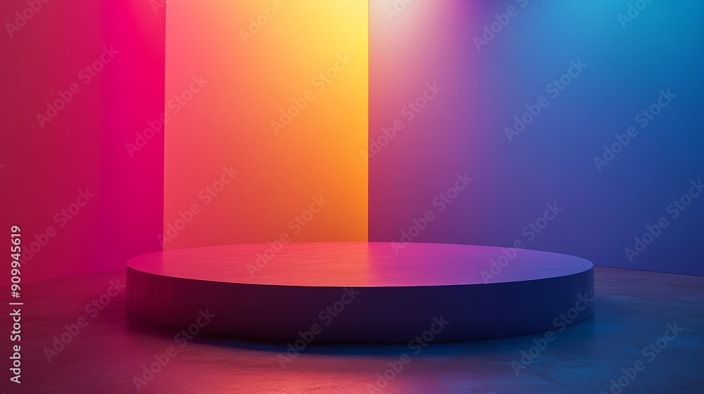 Poster vibrant dark podium with colorful gradient background for modern product display and presentations