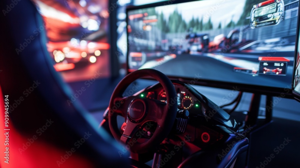 Aufkleber A racing simulation setup featuring a detailed steering wheel and large screen displaying an intense race, illuminated by colorful lights in a gaming lounge.