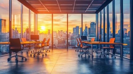 Modern Office Space with City Skyline at Sunset - Ideal for Hiring and Recruitment Concepts