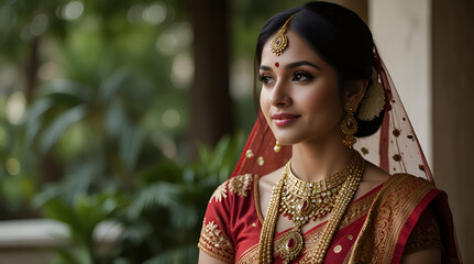 indian bride wearing traditional saree and gold jewelry, generative.ai
