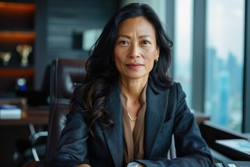 Obraz premium A professional businesswoman sits confidently at her desk in a modern office, with a cityscape visible through the window, showcasing her leadership and success.