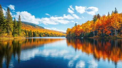 Fototapeta premium Scenic autumn landscape with serene lake, vibrant foliage, and clear blue sky