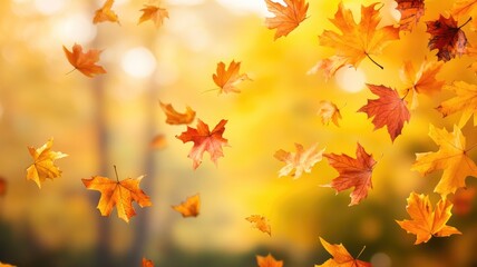 Obraz premium Autumn leaves falling gently with blurred background