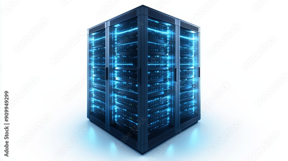 Aufkleber a large server rack with glowing blue lights, representing data storage and network connectivity.