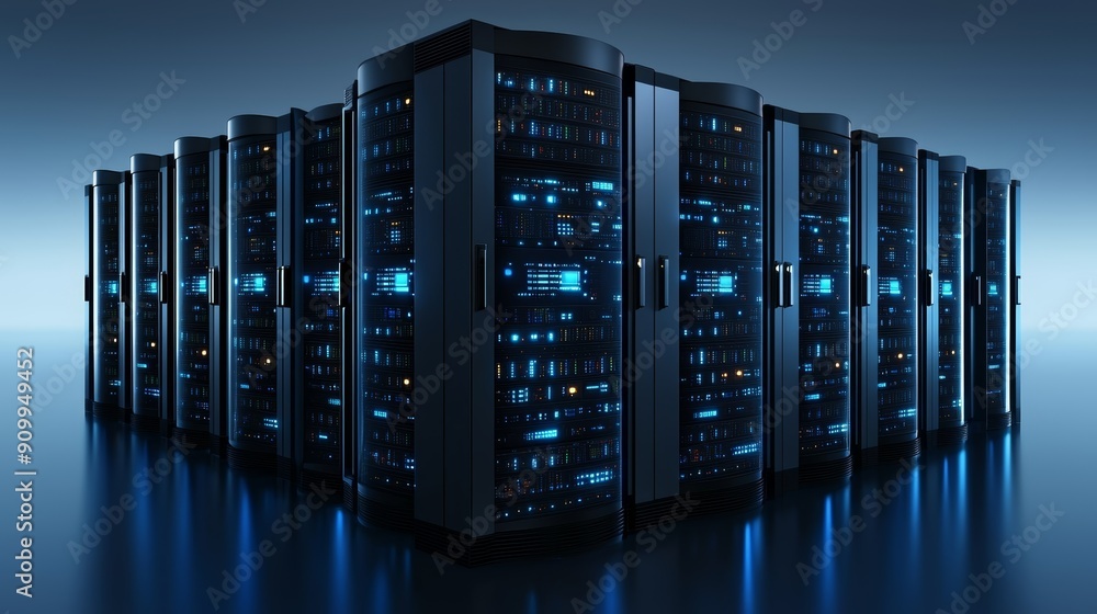 Poster a row of sleek, modern servers stand in a data center, reflecting blue light. the servers represent 