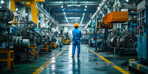 Fototapeta premium A lone worker in blue overalls stands in the middle of a large industrial factory,