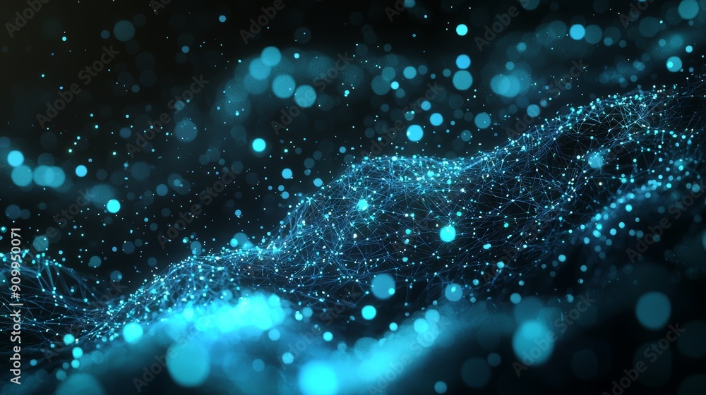 Poster abstract digital network with glowing blue nodes and connections on a dark background